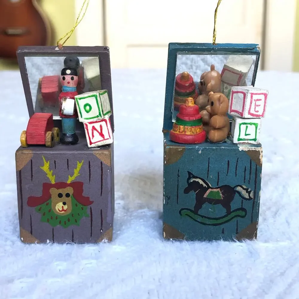 VTG Wooden Toy Chest Christmas Ornaments Noel Set of 2 Hand Painted Glass Mirror